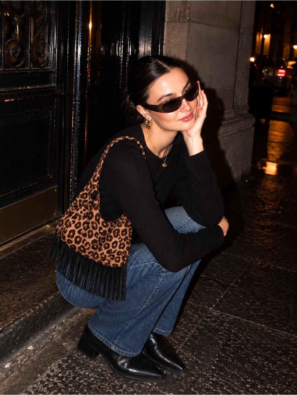 Leopard-Print Fringe Shoulder Bag in Brown